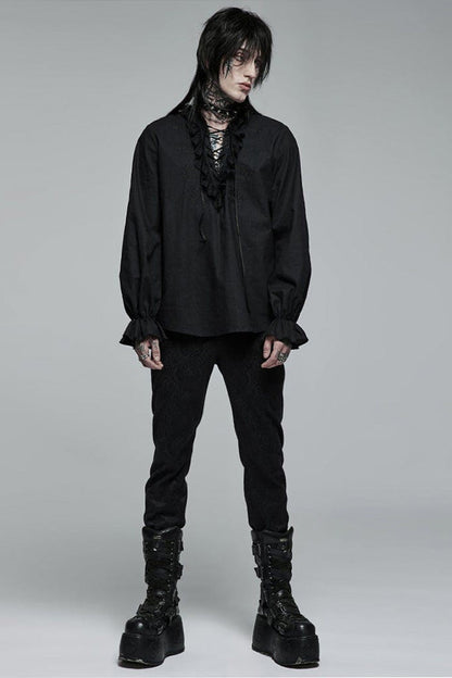 Black Gothic Pure Cotton No Elasticity Neckline Pleats Lace Ruffle Embroidery Tie Rope Design Men's Shirt