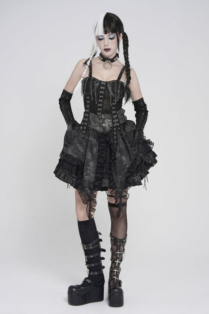 Black Off Shoulder Lace Lace-Up Slim Mesh Strappy Chain-Decorated Eyelet Women's Punk Corset