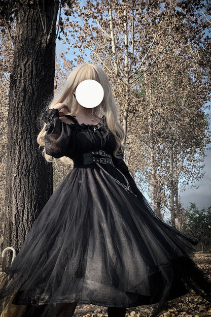 Black Long Sleeves Ruffle Bowknot Stitching Lace Gothic Plus Size Lolita Dress