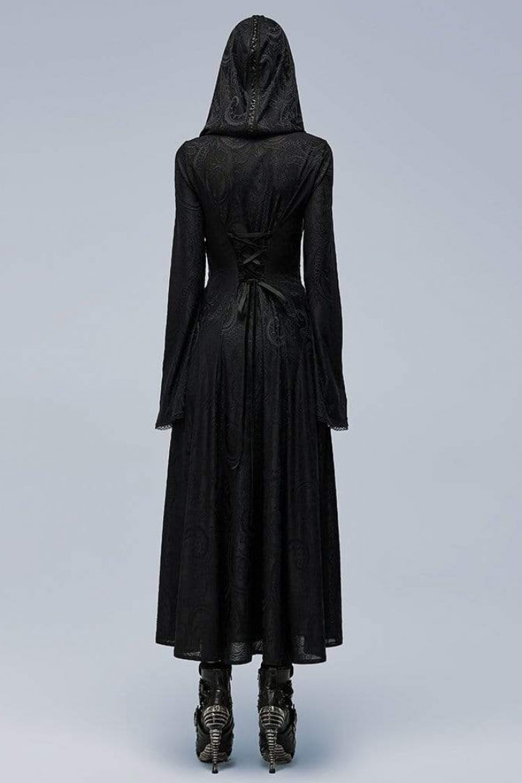 Black Long Trumpet Sleeves Hollow Lace Slim Hooded Womens Gothic Dress