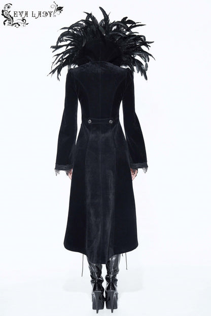 Black Feathered Collar Long Sleeves Bowknot Women's Gothic Tailcoat