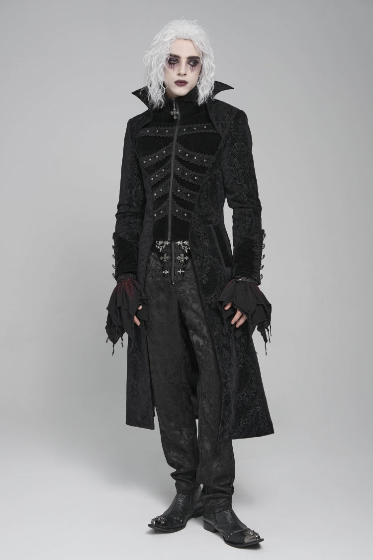 Black Diamante Stand Collar Long Sleeves Printed Zippered Men's Gothic Long Coat