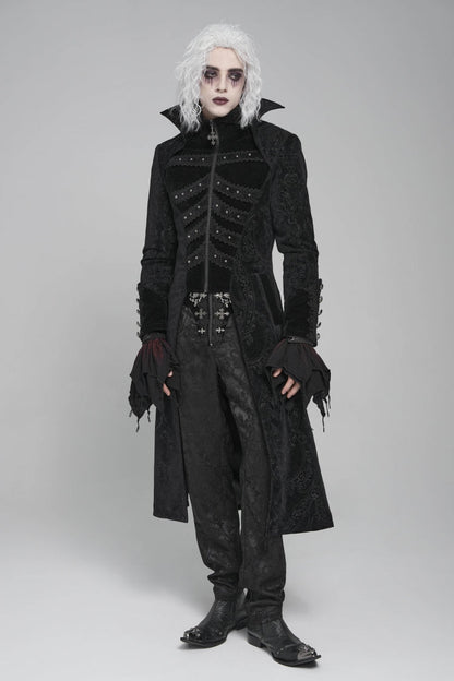 Black Diamante Stand Collar Long Sleeves Printed Zippered Men's Gothic Long Coat