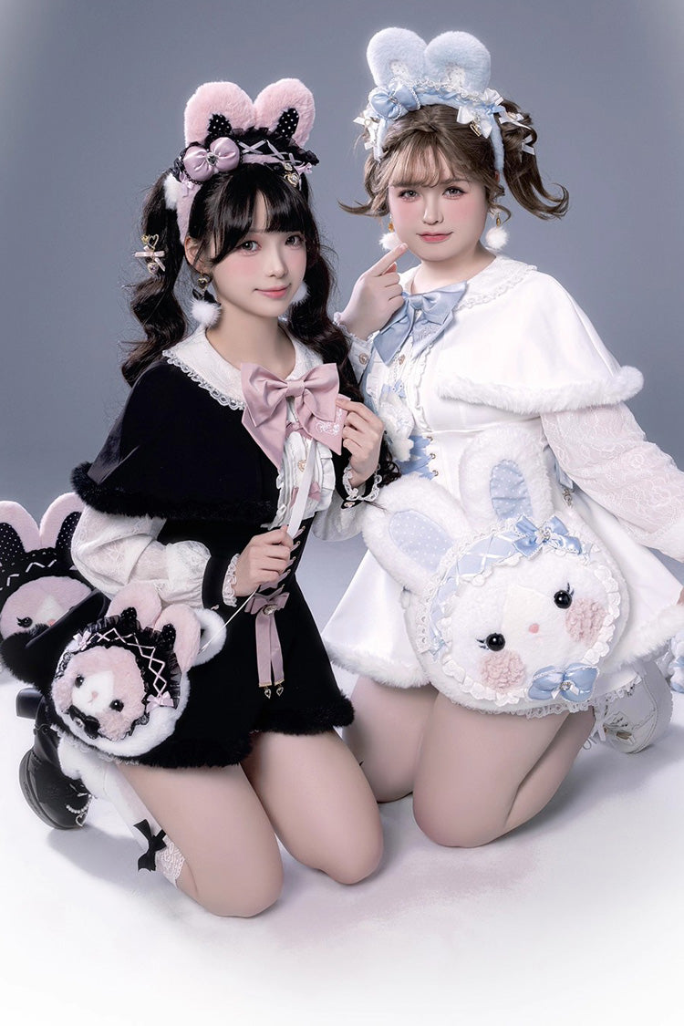 Black Long Sleeves Ruffle Bowknot Lace-Up Japanese Jirai Kei Dress Shorts Plush Set