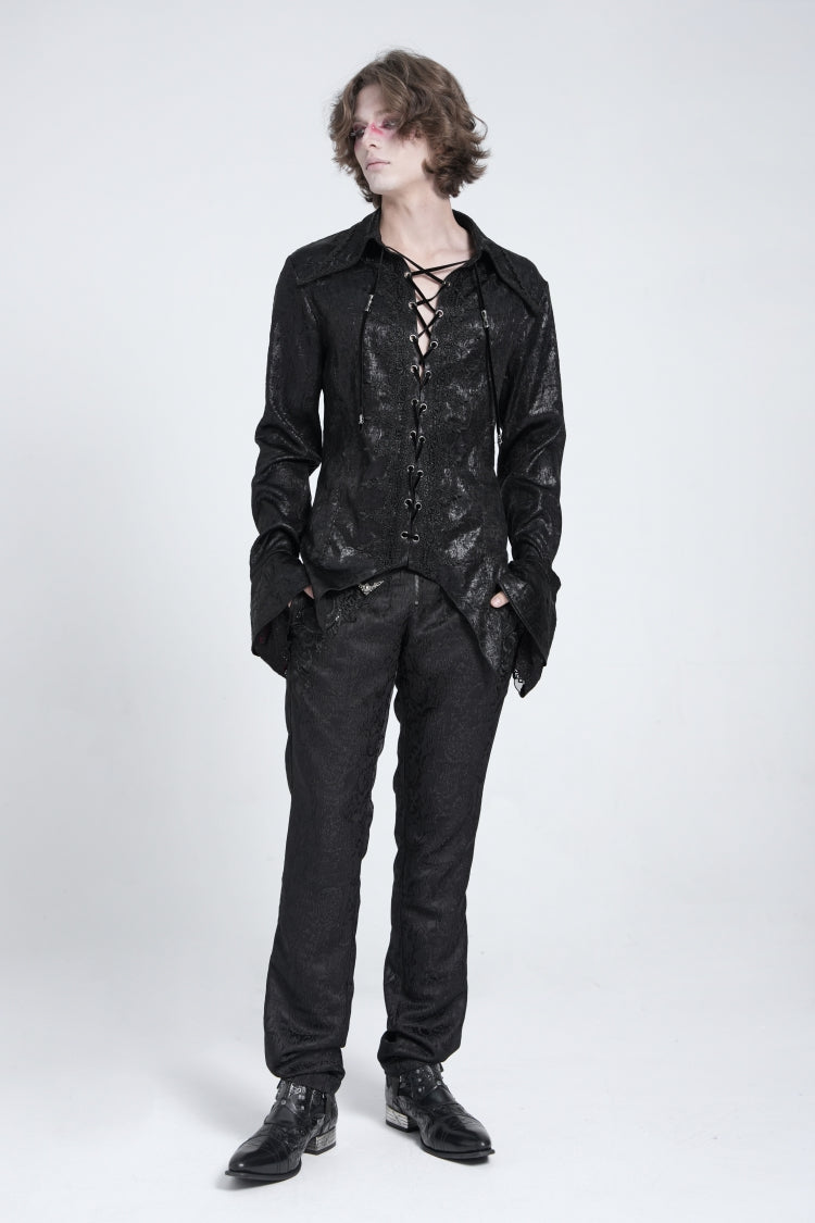 Black Long Trumpet Sleeves Lace-Up Men's Gothic Swallow-tailed Blouse