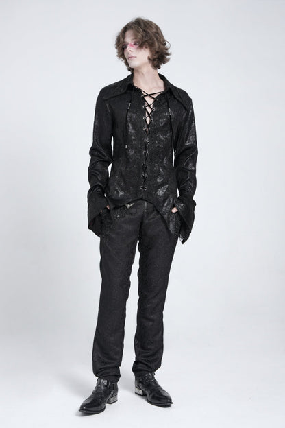 Black Long Trumpet Sleeves Lace-Up Men's Gothic Swallow-tailed Blouse