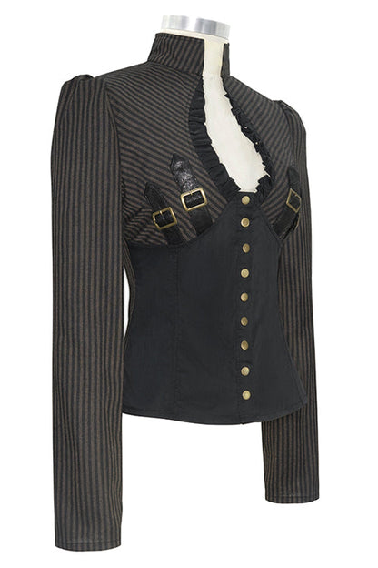 Black And Coffee Striped Low Collar Sexy Womens Punk Blouse