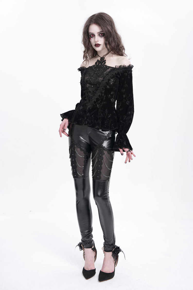 Black Chain Faux Leather Stitching Lace Women's Gothic Pants