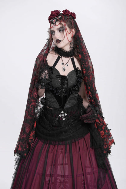 Black Halterneck Sleeveless Embroidery Stitching Rose Heart Lace Women's Gothic Blouse