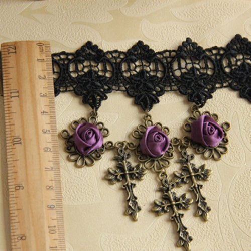 Black Lace Retro Wedding Cross Purple Rose Flower Female Gothic Lolita Armband Bracelet