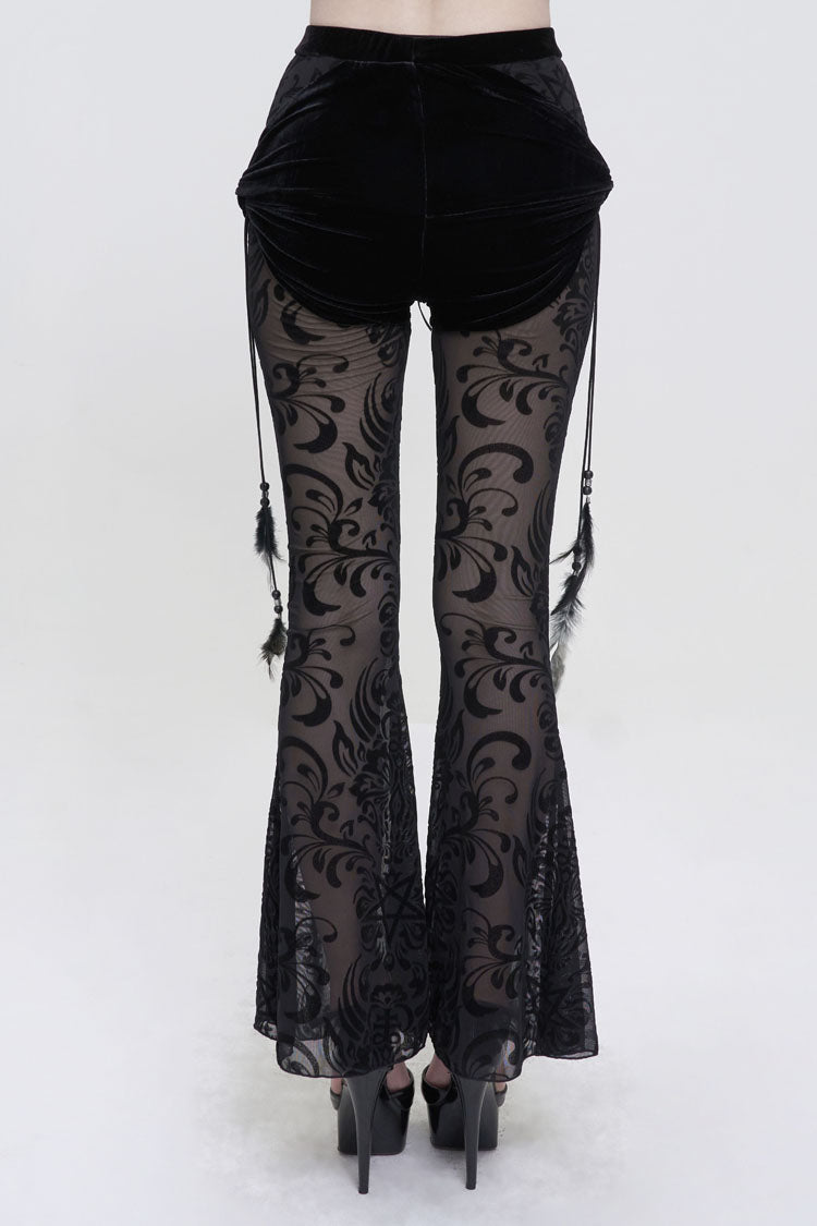 Black Flocking Mesh Side Hanging Feather Pendant Fake Two-Piece Long Women's Gothic Flared Pants
