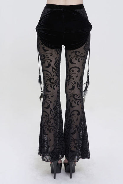 Black Flocking Mesh Side Hanging Feather Pendant Fake Two-Piece Long Women's Gothic Flared Pants