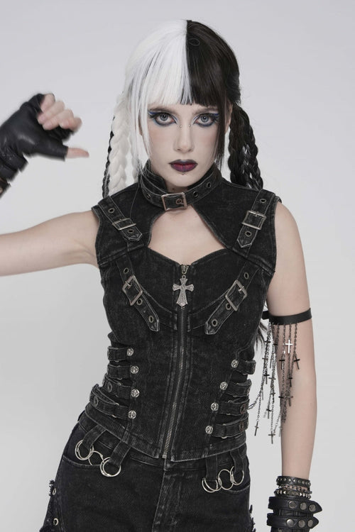 Black Halterneck Slim Buckled Zippered Women's Punk Vest