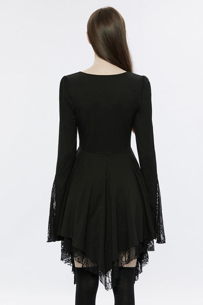 Black Long Trumpet Sleeves Stitching Lace Asymmetric Women's Gothic Dress