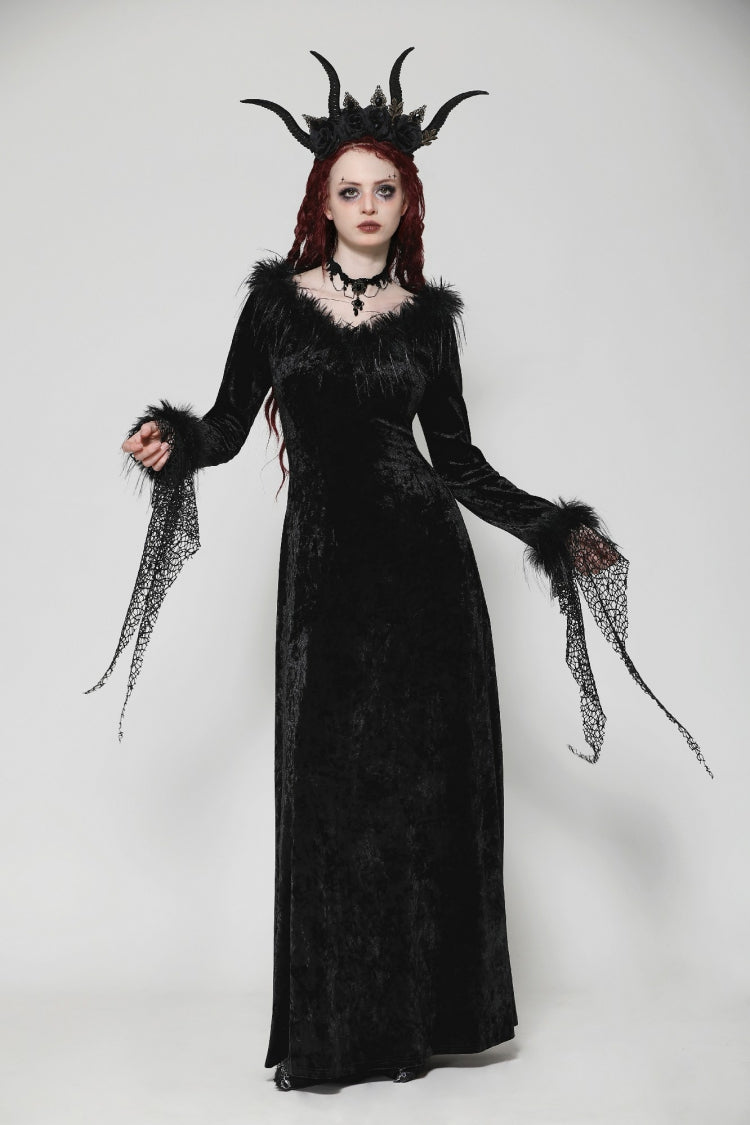 Black Long Sleeves Velvet Lace Women's Gothic Maxi Dress Wedding Dress