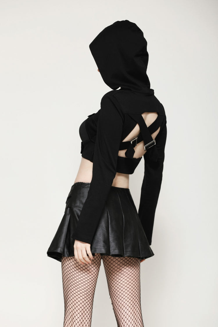 Black Low Waisted Buckle-Up Women's Punk PU Leather Pleated Mini Skirt
