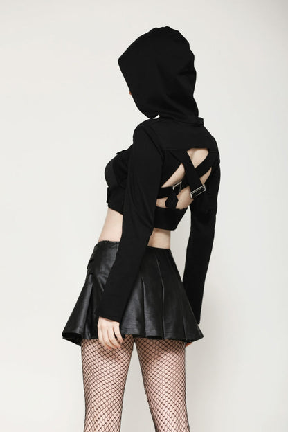 Black Low Waisted Buckle-Up Women's Punk PU Leather Pleated Mini Skirt