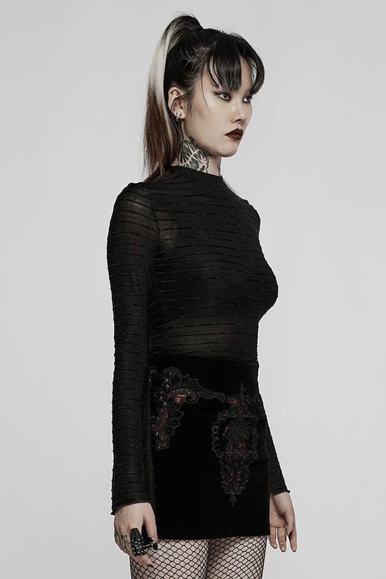 Black Gothic Velvet Striped Light Flared Sleeve Asymmetric Hem Sexy Long Sleeve Women's T-Shirt