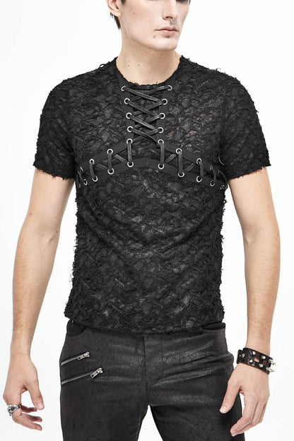 Black Broken Holes Thick Stripes Chest Lace-Up Knit Short Sleeve Men's Punk T-Shirt