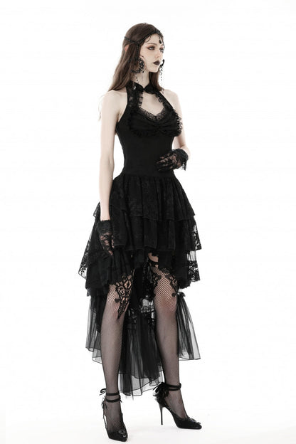 Black Off Shoulder Halterneck Sleeveless Irregular High Low Multi-Layered Lace Women's Gothic Dress