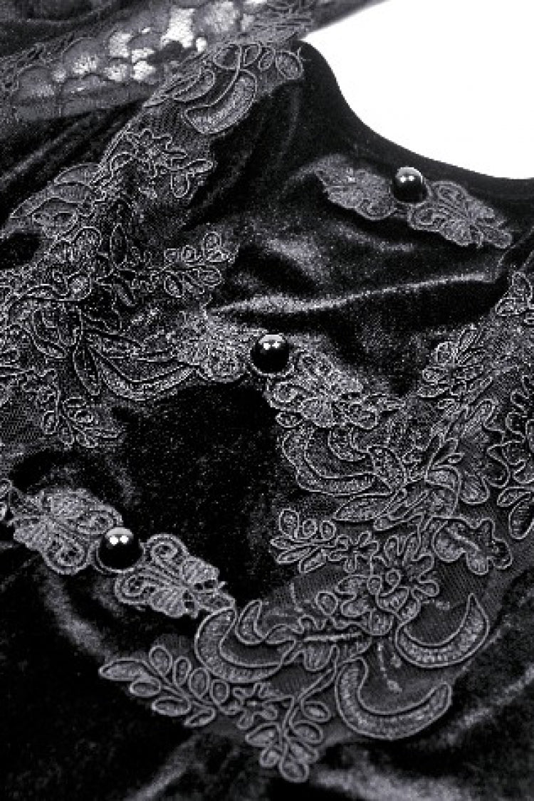 Black Long Puff Sleeves Cut-Out Lace Spliced Velvet Lace-Up Women's Gothic Princess Evening Dress