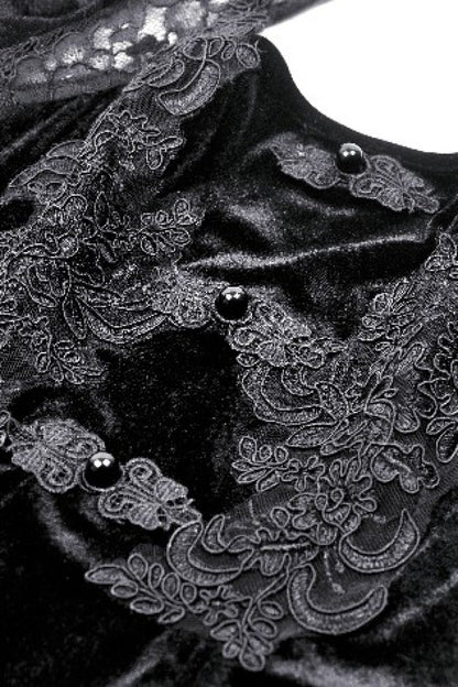 Black Long Puff Sleeves Cut-Out Lace Spliced Velvet Lace-Up Women's Gothic Princess Evening Dress