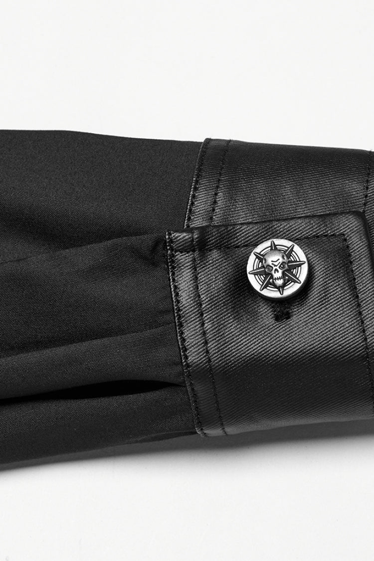 Black Lapel Collar Long Sleeves Faux Leather Stitching Buckle Men's Punk Blouse
