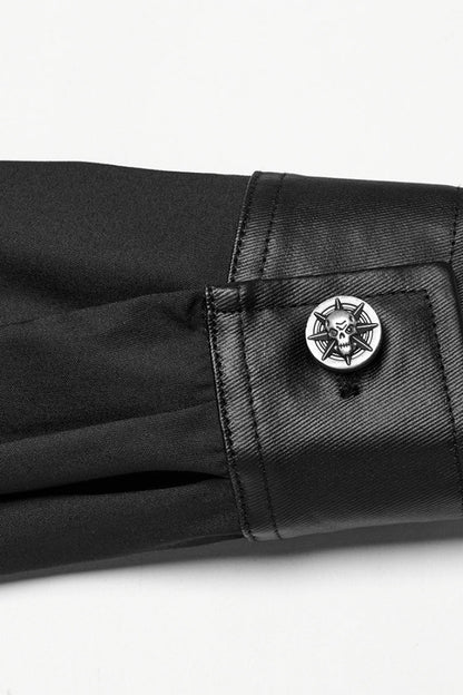 Black Lapel Collar Long Sleeves Faux Leather Stitching Buckle Men's Punk Blouse