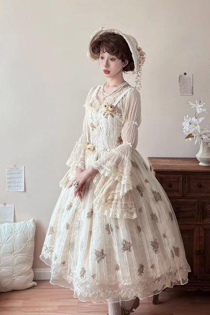 Apricot [Chloris] Printed Embroidered Lace Sweet Lolita Jsk Dress