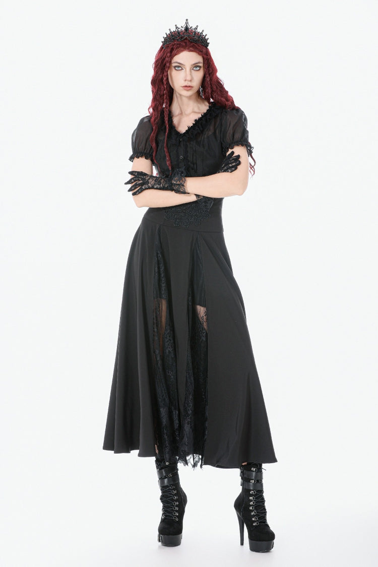 Black High Waisted Floral Printed Lace Mesh Women's Gothic Elegant Long Skirt