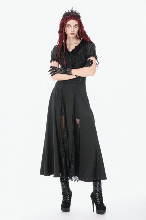 Black High Waisted Floral Printed Lace Mesh Women's Gothic Elegant Long Skirt