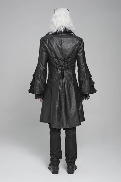 Black Long Trumpet Sleeves Floral Crochet Embroidery Lace-Up Men's Gothic Coat