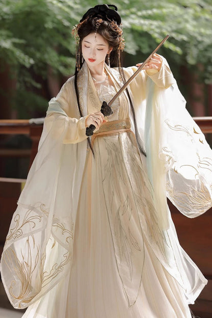 Beige Long Sleeves High Waisted Jacquard Print Embroidery Women's Sweet Hanfu Dress Full Set