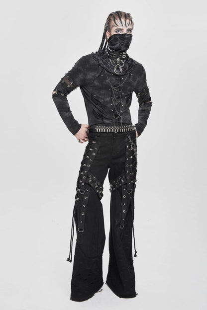 Black Long Sleeves Cutout Rivets Chain Men's Punk Blouse