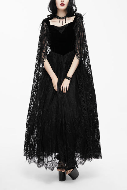 Black Feather And Flowers Off Collar Sexy Long Velvet Womens Gothic Dress With Lace Shawl