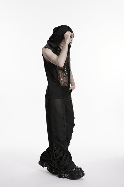 Black Multi-Layered Mesh Eyelet Men's Punk Cool Strappy Pants