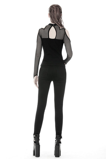 Black Off Shoulder Long Sleeves Mesh Crossed Harness Straps Eyelet Sexy Women's Punk Top
