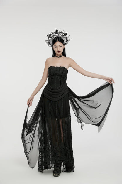 Black Off Shoulder Sleeveless Spliced Lace-Up Slim Pleated Women's Gothic Corset  Chiffon Strapless Dress