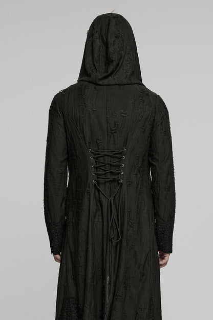 Black Long Sleeves Stitching Irregular Hooded Mesh Ripped Men's Gothic Coat