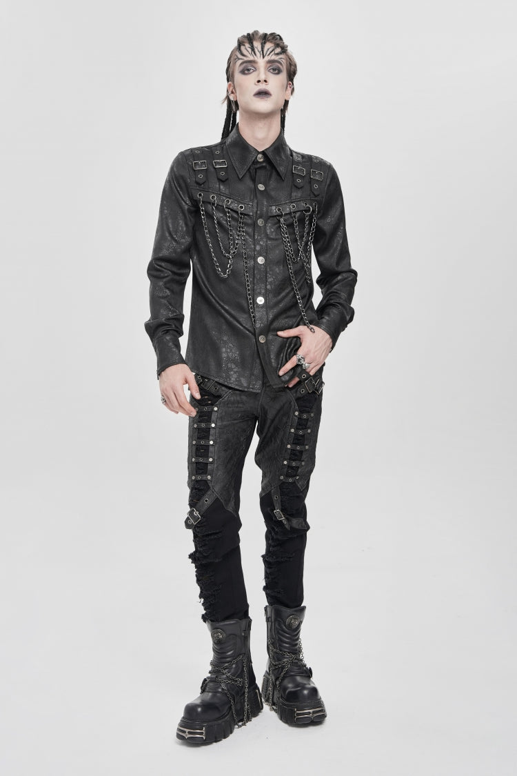 Black Lapel Collar Long Sleeves Buckled Strappy Chain-Decorated Men's Punk Shirt