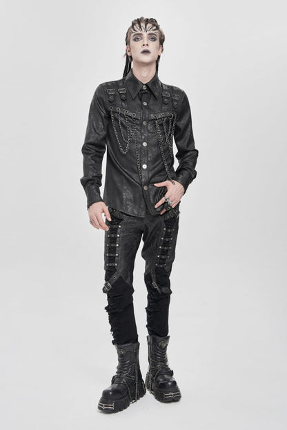 Black Lapel Collar Long Sleeves Buckled Strappy Chain-Decorated Men's Punk Shirt