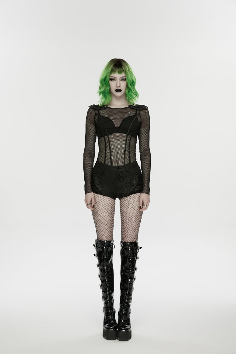 Black Low Waisted Cut-Out Irregular Eyelet Women's Punk Shorts