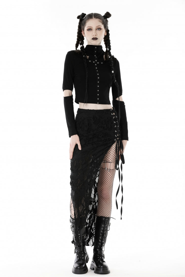 Black Lace-Up Ripped Women's Punk Split Long Skirt
