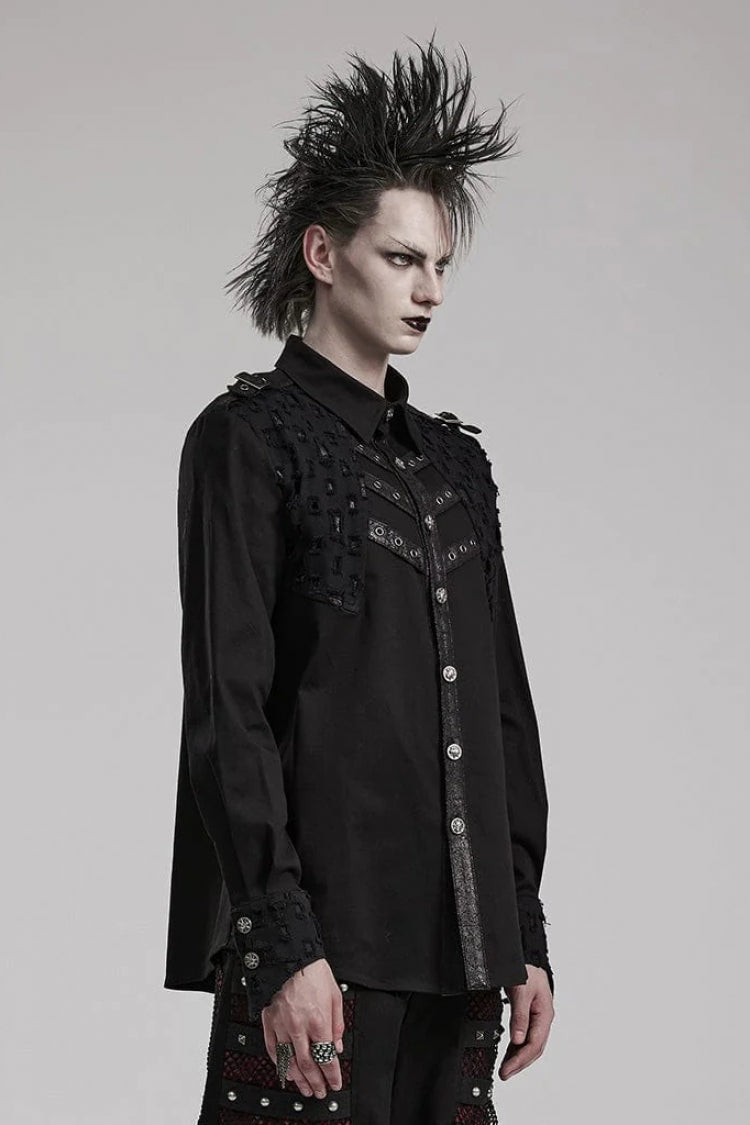 Black Hollow Hole Stitching Mens Steampunk Blouse
