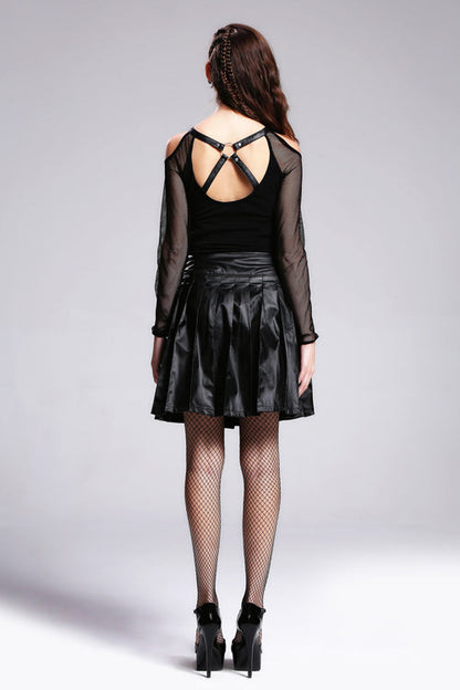 Black Off The Shoulder Leather Straps Lace Up Punk Womens Modal T-Shirt