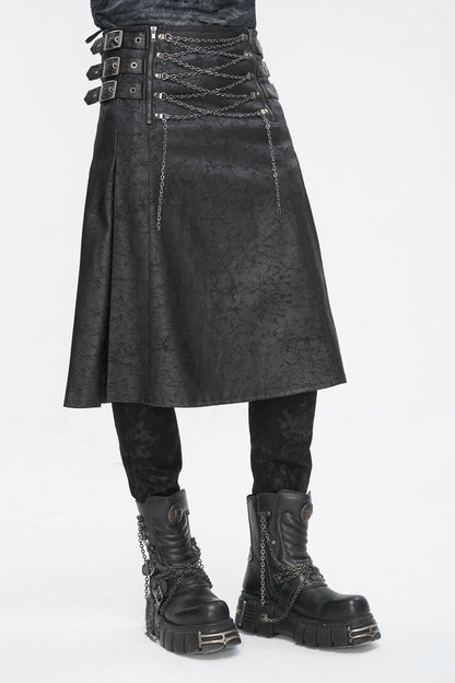 Black Print Chain Multi Buckle Men's Gothic Skirt