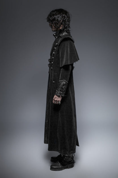 Black Leather Stand-Up Collar Metal Buckle Decoration Mens Steampunk Long Coat