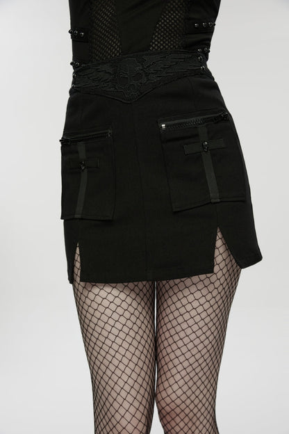 Black Embroidered Zippered Women's Punk Skull Embroidered Cool Big Pocket Skirt
