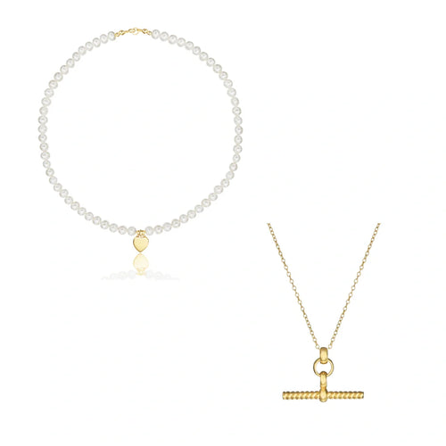 Gold Twisted T-Bar and Large Pearl Personalised Heart Necklace Gift Set
