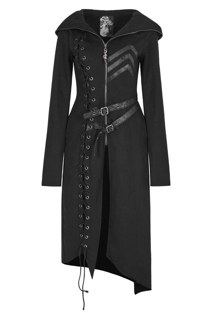 Black Long Sleeves Hooded Asymmetric Women's Gothic Military Coat With Belt
